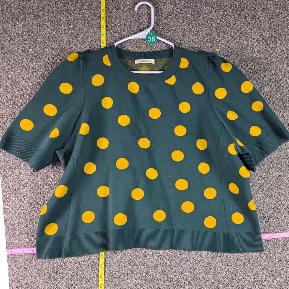 Zapelle Short Sleeve Sweater Women 3X-24W Green Yellow Polka Dot Puff Shoulder